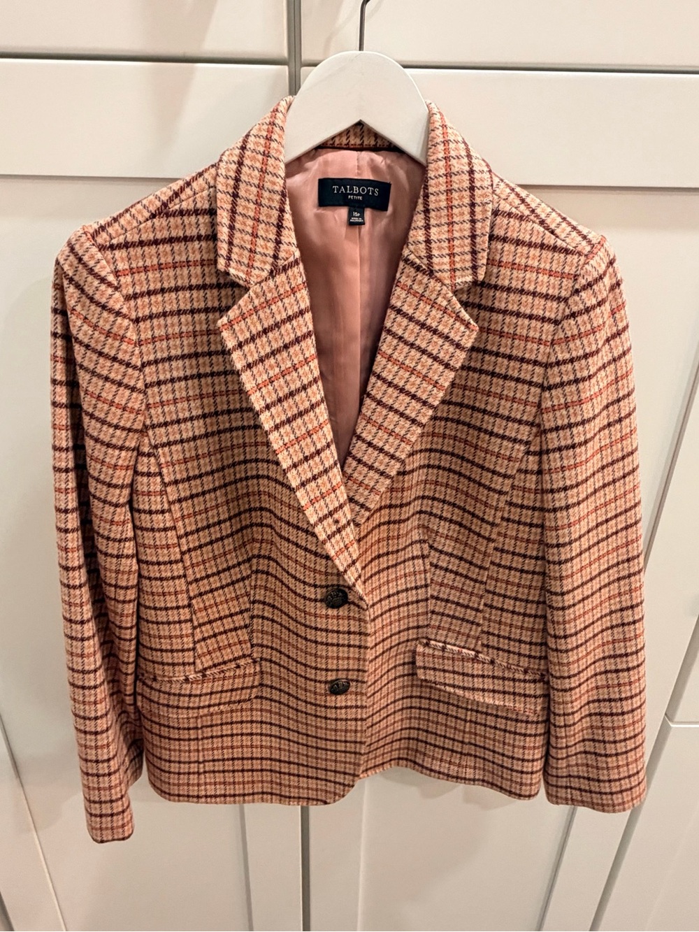 Talbots Pink & Cream Plaid Wool-Blend Blazer